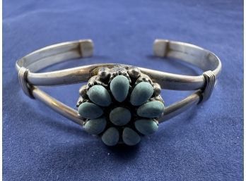 Sterling Silver And Turquoise Flower Cuff Bracelet