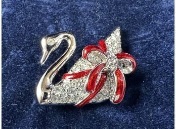 Swarowski Swan With Red Bow Pin Brooch, New In Box