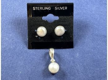 Sterling Silver And Pearl Stud Earrings And Pendant