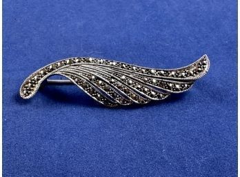 Sterling Silver And Marcasite Vintage Wing Pin Brooch