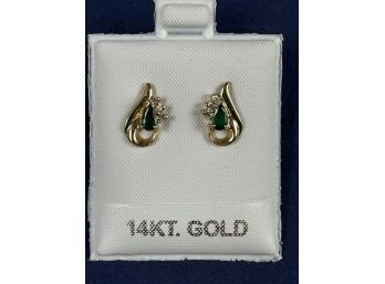 14K Yellow Gold Diamond And Pear Shaped Emerald Earrings