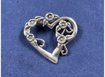Vintage Sterling Silver Heart Floral Pin Brooch