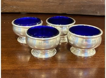 Set Of 4, Silver Plate Colbalt Blue Glass Lined Salt Cellars By Victor Obler Of New York, NY