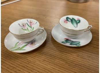 Miniature Occupied Japan Hand Painted Pair Of Tea Cups & Saucer
