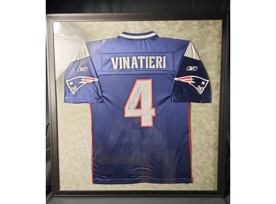 Adam Vinatieri Signed And Framed New England Patriots Jersey, Personalized 'Evan Go Pats!'