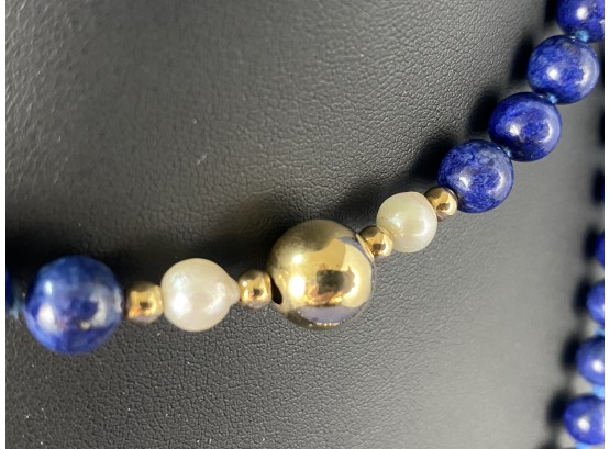 14K Yellow Gold, Lapiz And Pearl Necklace, 32'