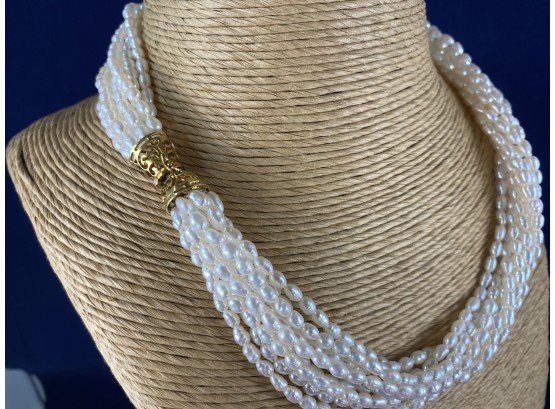 14K Yellow Gold Clasp With 9 Strands Of Fresh Water Pearls, 18.5'