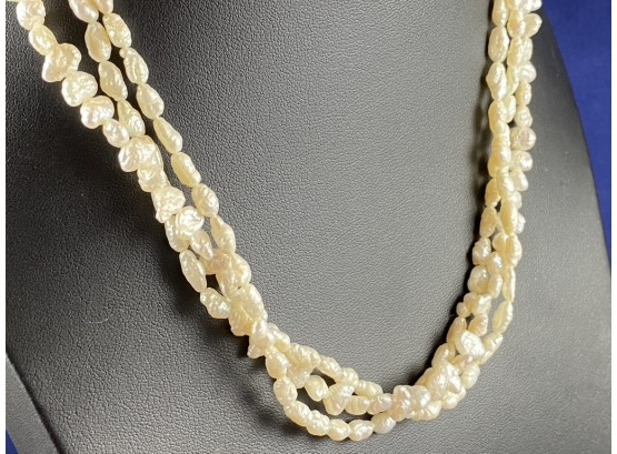 14K Yellow Gold Clasp Triple Strand Freshwater Pearl Necklace, 16'