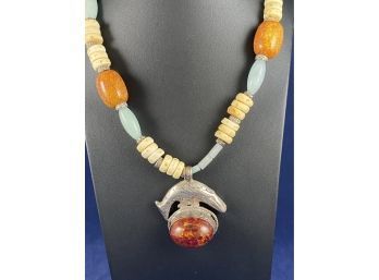 Stunning Low Silver Necklace With Large Amber Pendant With Polished Stone And Bone Accents, 36'