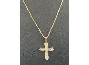 18K Over Sterling Silver Box Chain With Cross Pendant, 18'