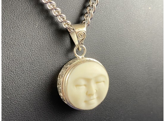 Sterling Silver Carved Bone Moonface Pendant - Chain Is Not Silver
