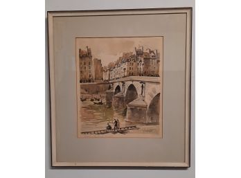 Herbelot Le Pont Marie Seine River Paris Watercolor  Vintage Numbered Litho Print