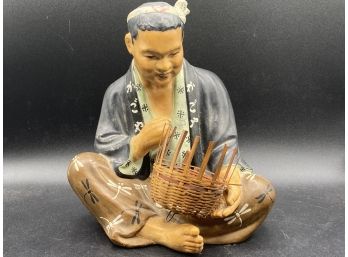 Old Chinese Mudman Figurine With Wicker Basket