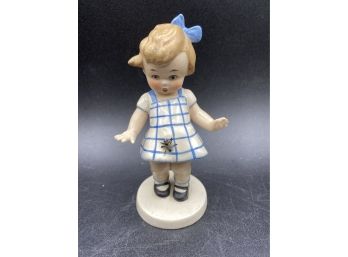 Rare Very Unique?  Goebel Hummel Of Girl With Blue And White Dress Having Fly On It Marked On Bottom