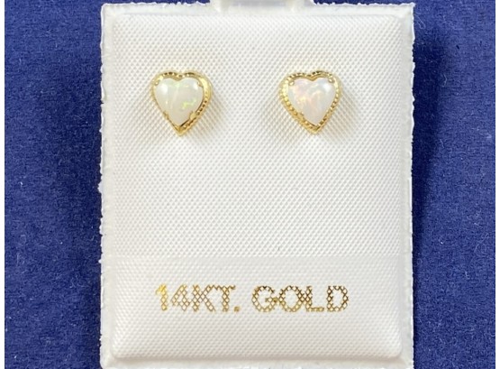 14K Gold And Opal Heart Studs