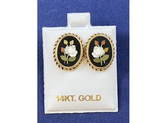 14K Yellow Gold Vintage Pietra Dura Earrings