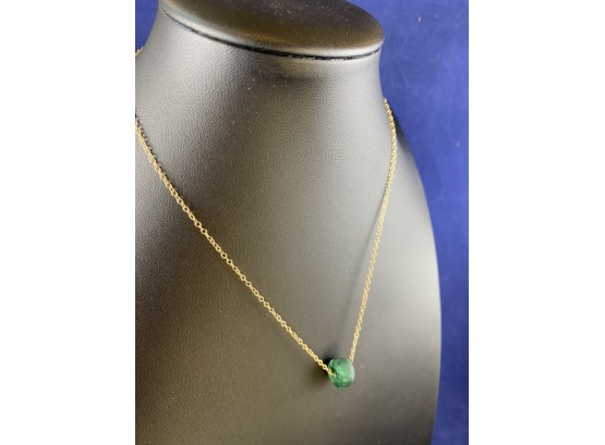 14K Yellow Gold Necklace With Natural Malichite Stone Pendant, Signed J.F., 15'