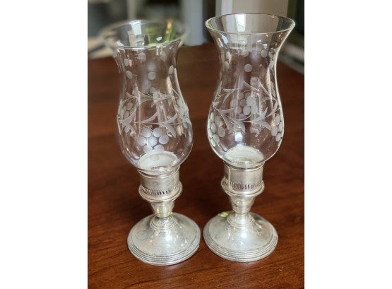 Sterling Silver Weighted Candlestick Holders With Etched Glass Huricanes