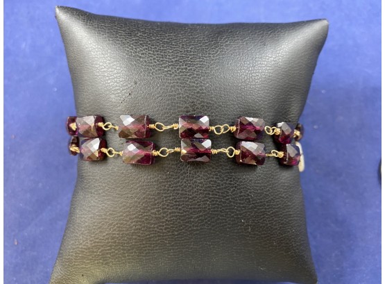 14K Gold And Grape Garnet With Pearl Accents Double Strand Bracelet, 7'