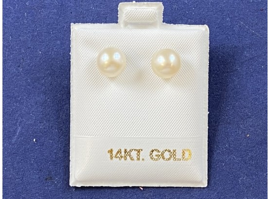 8mm White Pearl Earrings With 14K Gold Posts