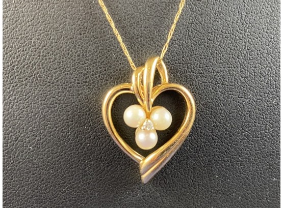 14K Yellow Gold, Pearl And Diamond Heart Pendant On 14K Chain, 18'