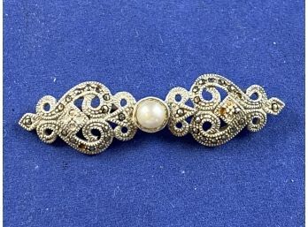 Sterling Silver, Marcasite And Pearl Vintage Pin Brooch