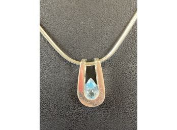 Sterling Silver Snake Chain With Blue Topaz Horseshoe Pendant, 17'