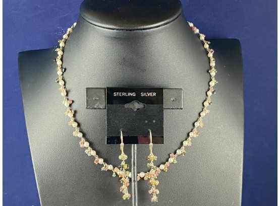 Adel Chefridi Pearl And Semi Precious Necklace And Matching Earrings, Adjustable 15'-16'