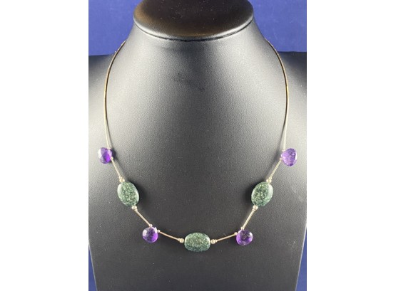Sterling Silver Tube Bead Necklace With Faceted Amethyst And Cabachone Natural Stone Neckace,  16'