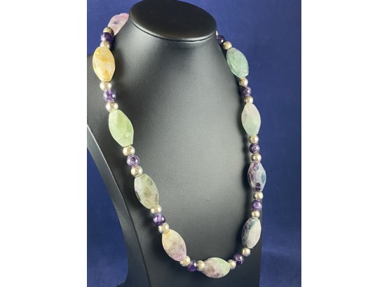 Sterling Silver Amethyst And Other Raw Faceted Gemstone Necklace, 22'