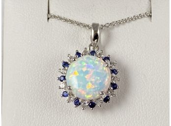 Sterling Silver And Opal Necklace With Simulated Stones, New In Box, Italy, 18'