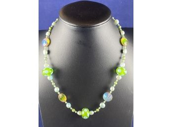 Beautiful Artisian Glass And Pearl Neckace With Sterling Silver Clasp, Adjustable 16'-18'