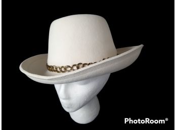 Yves Saint Laurent Lady Fashion Wide Brim Felt Fedora Vintage Hat With Ring Belt, Classic Floppy Hat Belt Buck