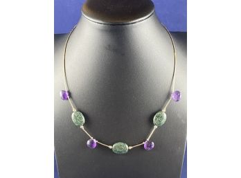 Sterling Silver Tube Bead Necklace With Faceted Amethyst And Cabachone Natural Stone Neckace,  16'