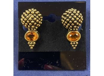 Beautiful Yellow Gold Tone Cabot Clip On Earrings With Citrine Colored Stone, High End Costume