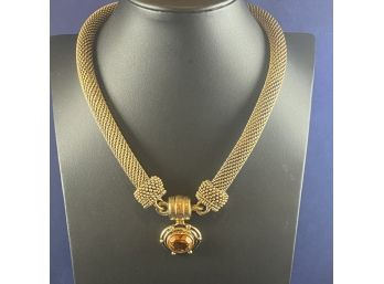Beautiful Yellow Gold Tone Cabot Snap Necklace With Citrine Colored Stone, High End Costume, 17'