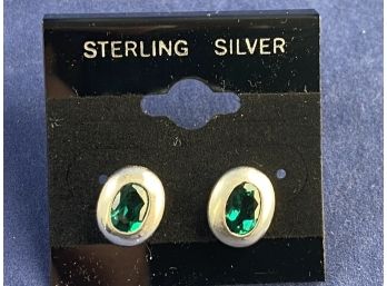 Sterling Silver & Emerald Simulant Earrings