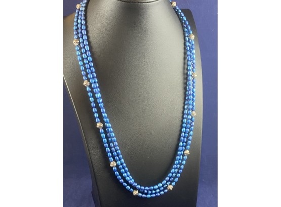 Triple Strand Blue Pearl And Sterling Silver Necklace, 22'