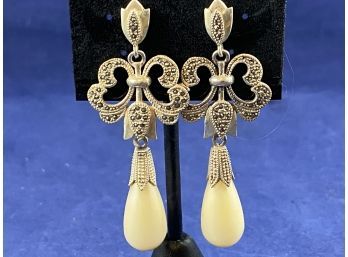 Sterling Silver, Pearl And Marcisite Earrings