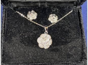 Sterling Silver Macy's Floral Earring And Necklace Set, New In Box