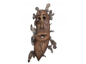 Tribal Wooden Craved Mask With Feather Trim