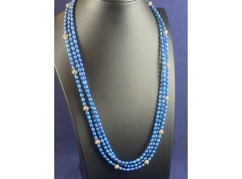 Triple Strand Blue Pearl And Sterling Silver Necklace, 22'