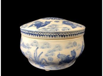 Blue And White Covered Chinese Vessel With Fish Motif  7 Inches High And 10 Inches At Largest Diameter