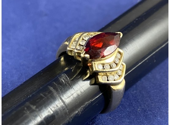 Mid Century 14K Yellow Gold Garnet Marquise Diamond Ring, Size 8