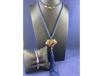 Beautiful Asian Cloiseane Bracelet And Enamel Necklace
