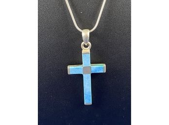 Sterling Silver Snake Chain With Sterling And Larimar Cross Pendant, 20'