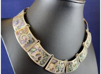 Sterling Silver And Abalone Necklace With Clasp, Mexico, 14'