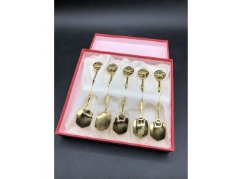 Korean Folk Lore Tea Spoon Gold Color 5 Pc Set With Crane And Flowers