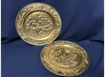 A Pair Of Vintage Hammered Brass Old English Repousse Wall Plate, 15 Inch Diameter