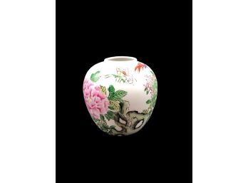 Oriental Ornamental Ceramic Vase Hand Painted With Flora, A Bird And A Butterfly
